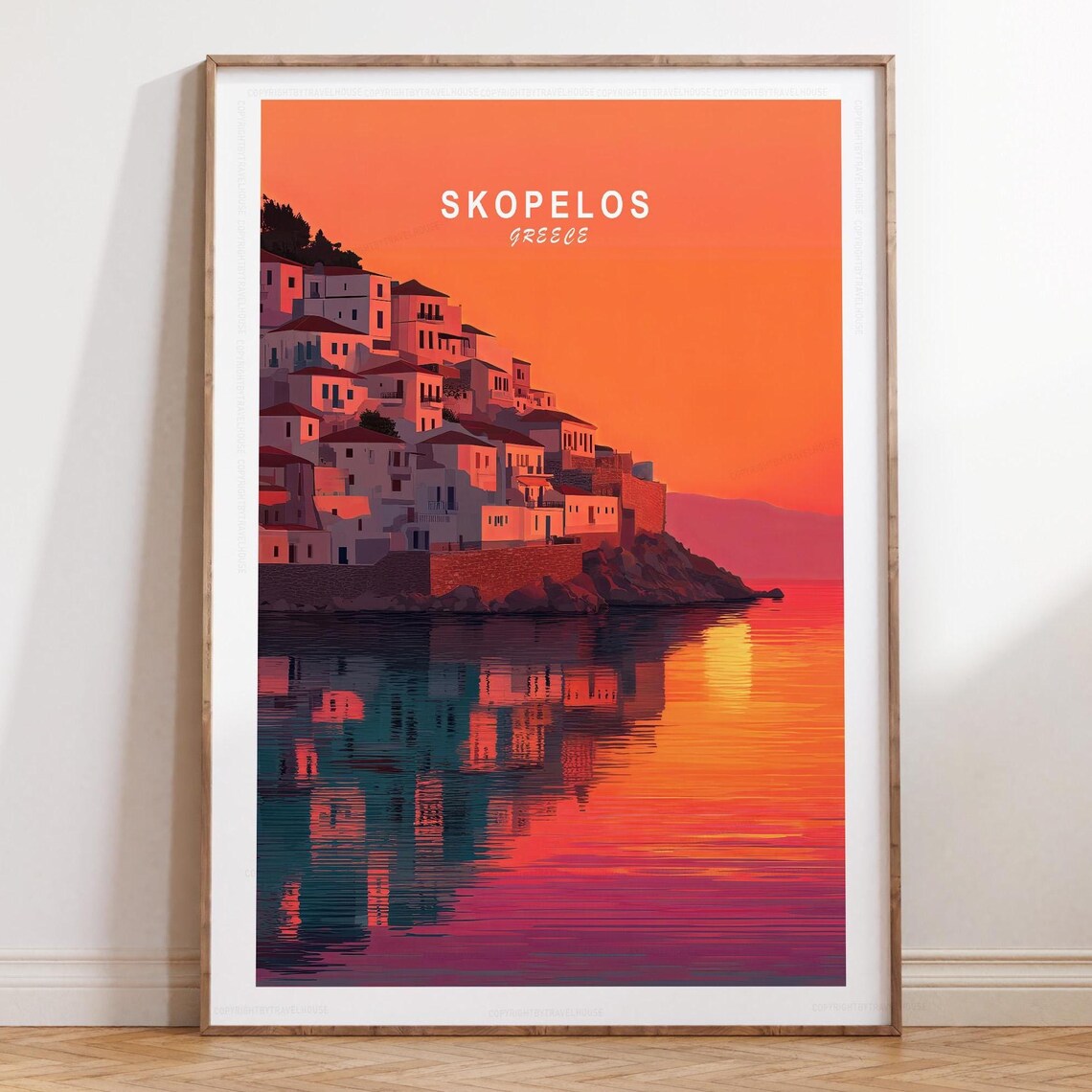 Skopelos Greece Sunset Skyline Travel Poster Panoramic Harbor View