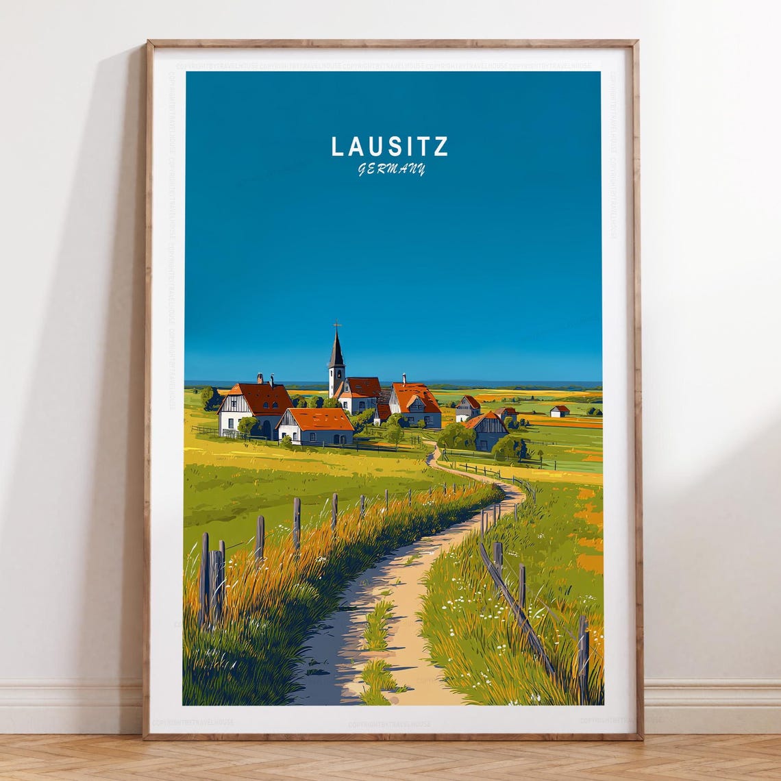 Lausitz Germany Red Roof Village Under Deep Blue Sky Travel Poster