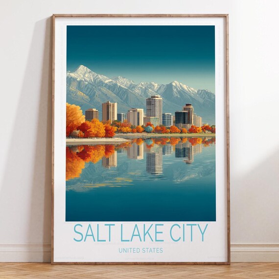 Salt Lake City United States Autumn Lake Reflection Travel Art Poster