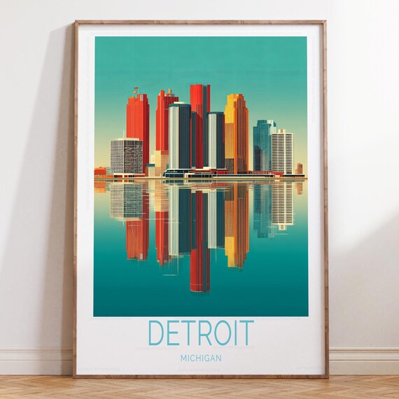 Detroit Michigan Colorful Skyline Reflection Illustration Poster