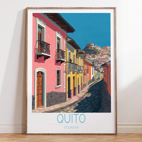 Quito Ecuador Uphill Cobblestone Lane Vintage Travel Poster Art