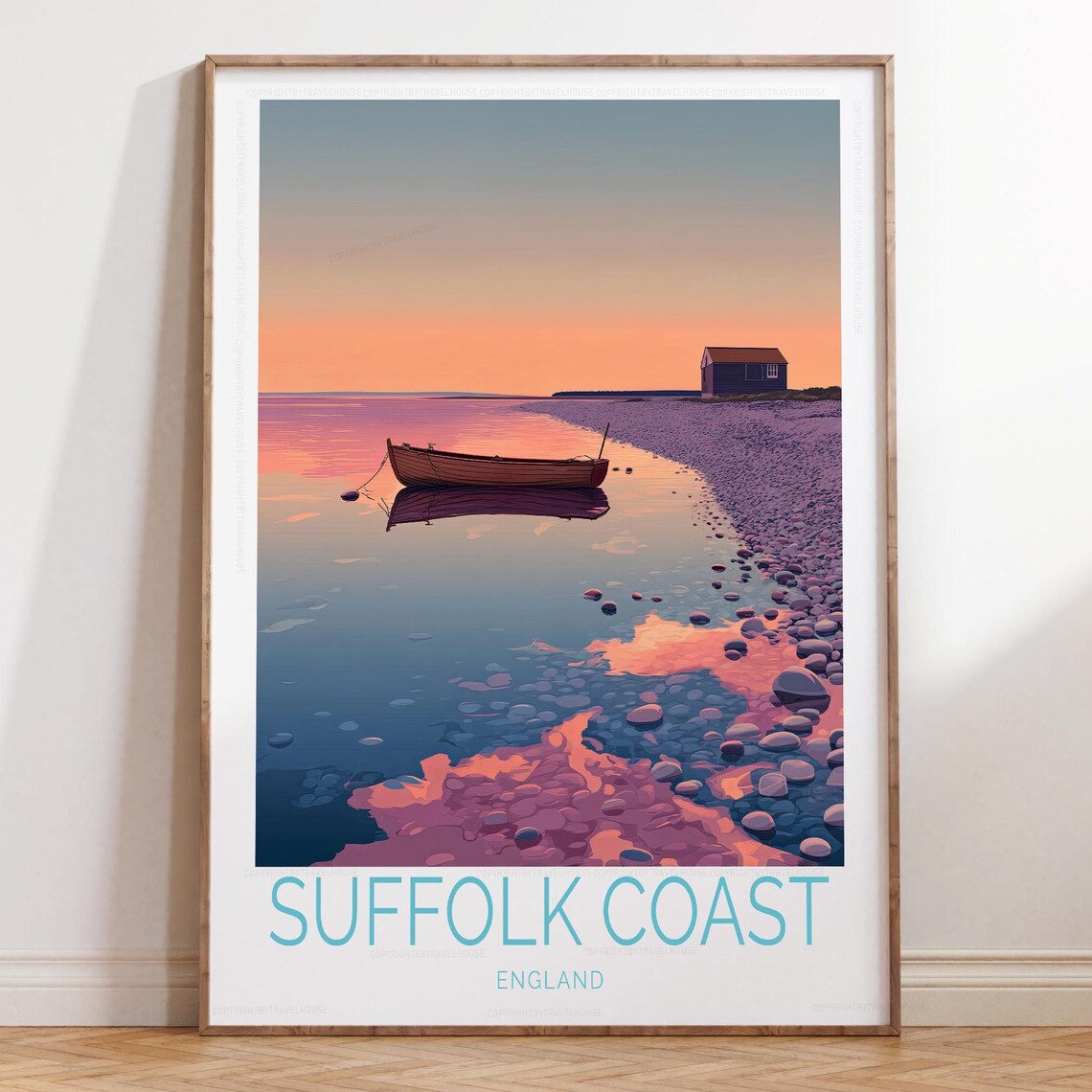 Suffolk Coast England Sunrise Boat Hut Shingle Shore Travel Poster