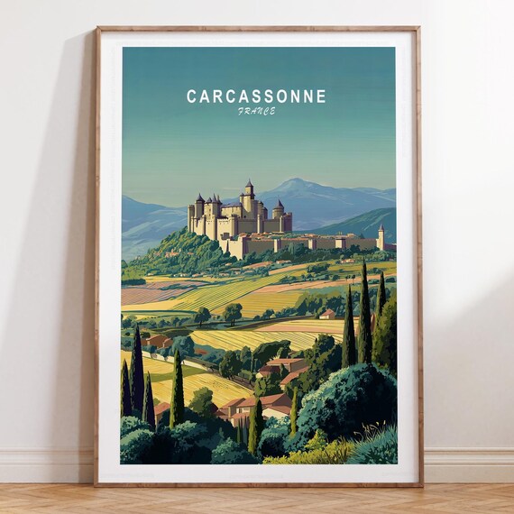 Carcassonne France Medieval Castle Hill and Vineyard Fields Poster