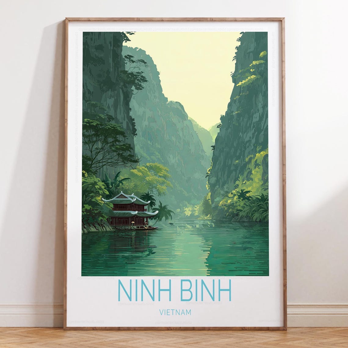 Ninh Binh Vietnam Emerald River Pagoda Karst Valley Travel Poster
