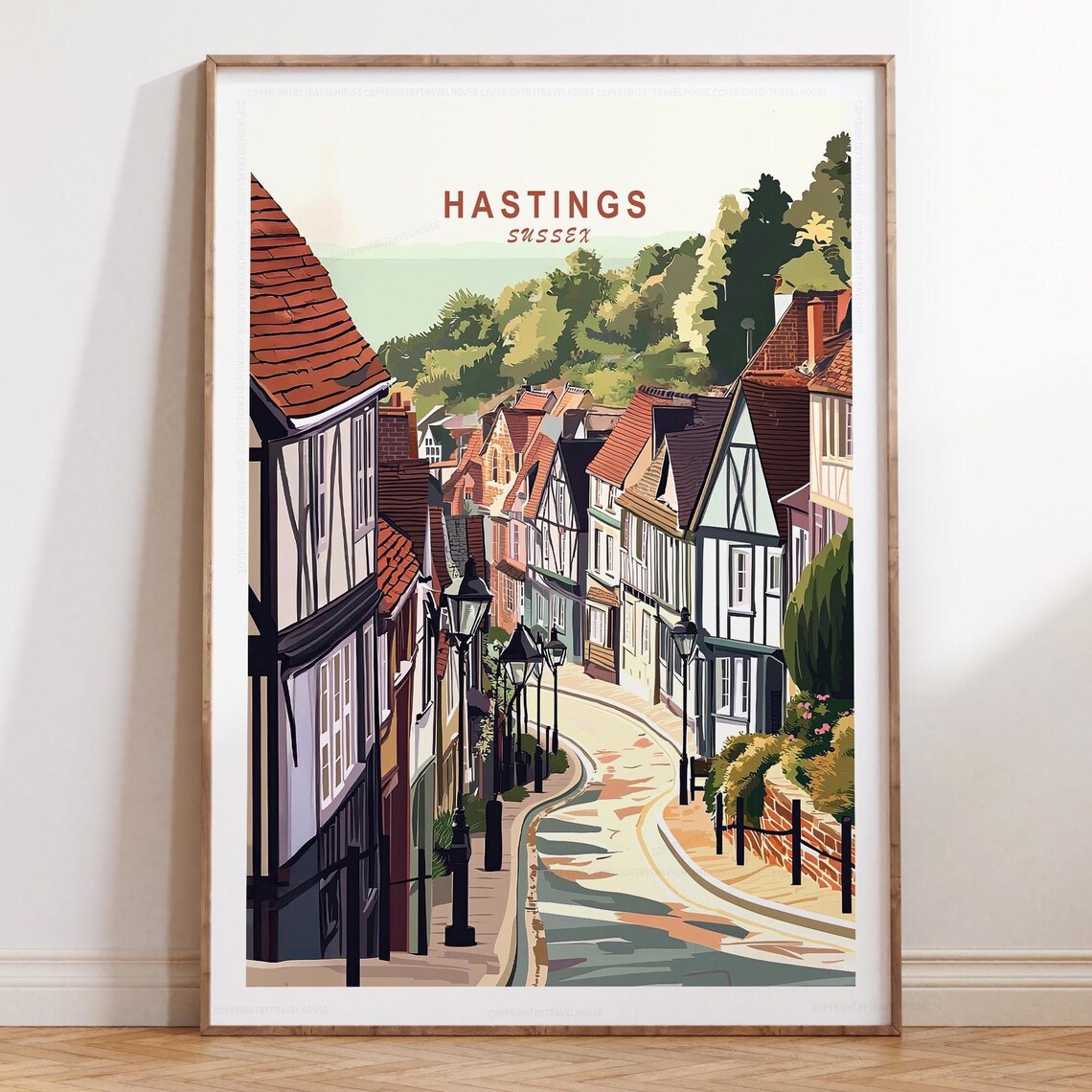 Hastings Sussex Travel Poster Cobbled Old Town Street Sea View