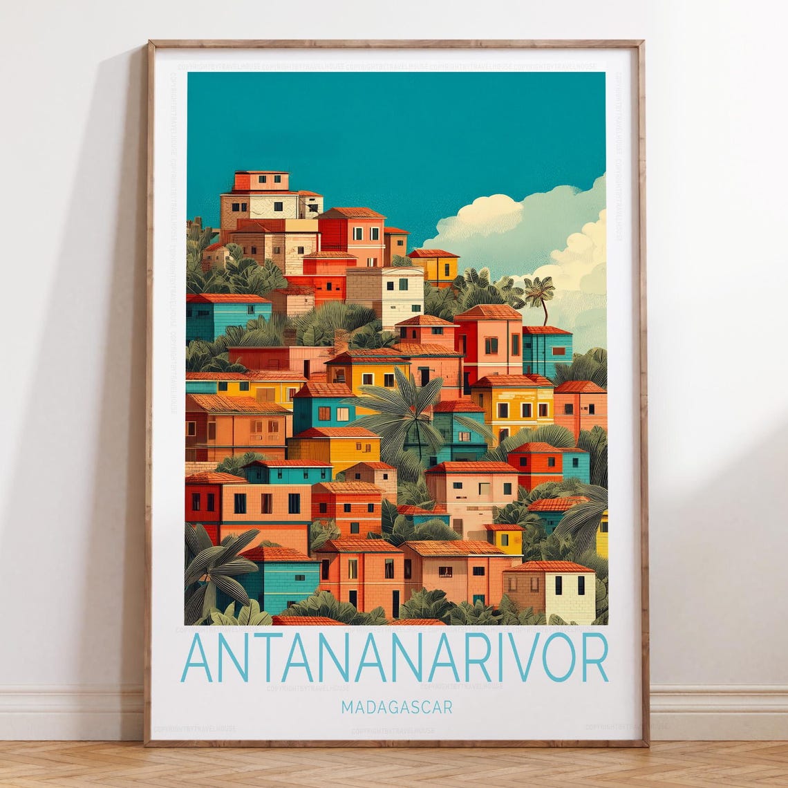 Antananarivo Madagascar Colorful Hillside Houses Retro Travel Poster