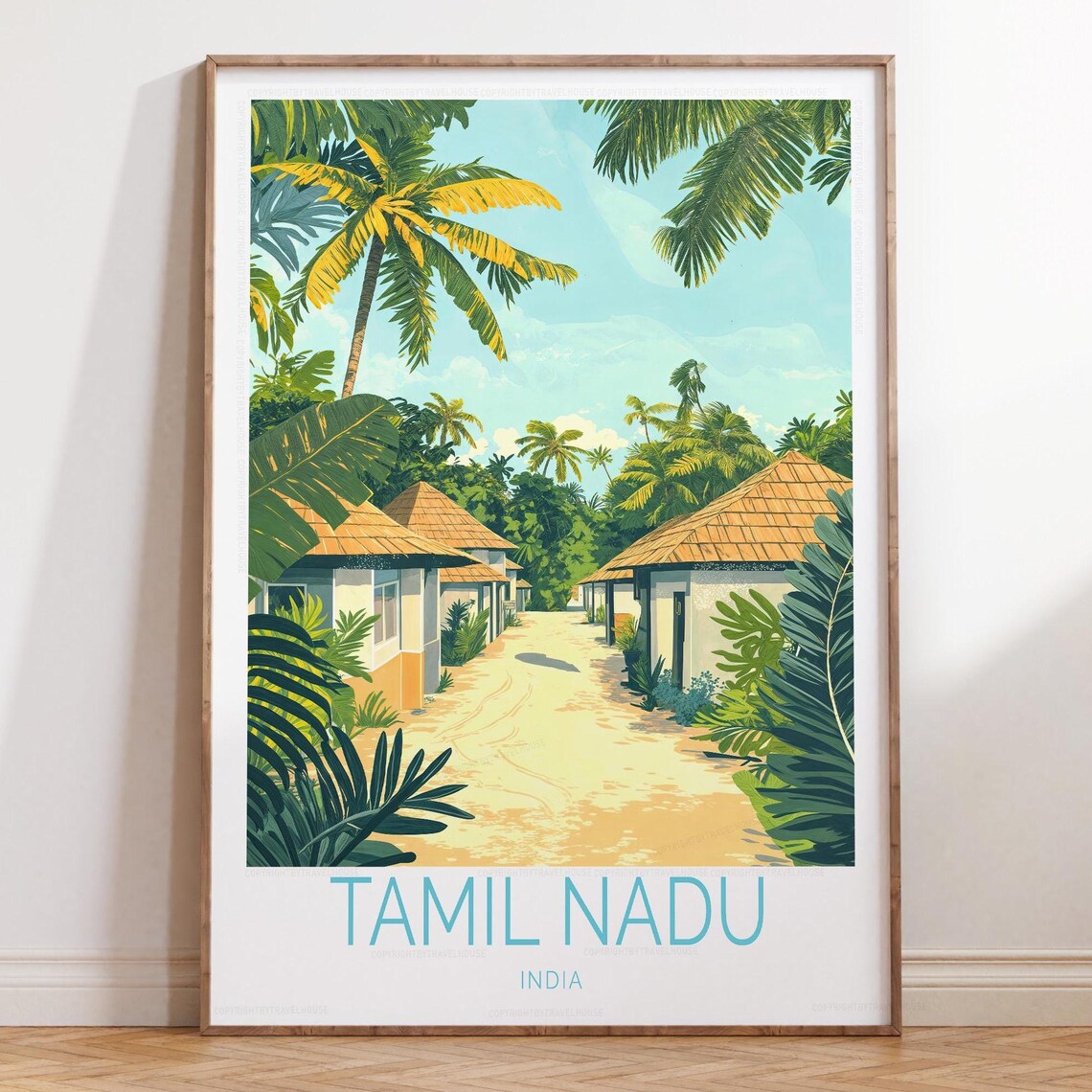 Tamil Nadu India Palm Avenue Bungalows Tropical Travel Poster