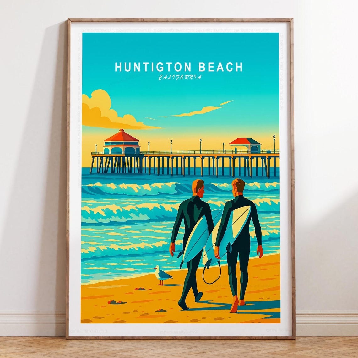 Huntington Beach Pier Surfers California Retro Travel Poster
