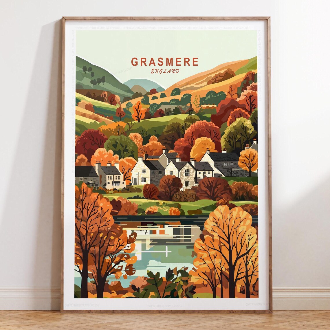 Grasmere England Golden Autumn Hills Village Illustrated Travel Poster