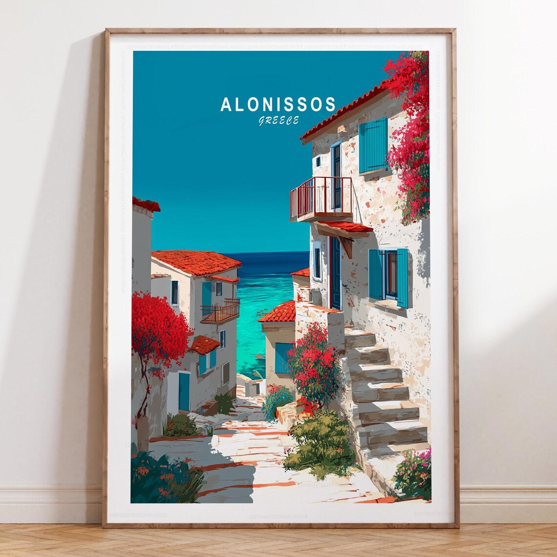 Alonissos Greece Stairway To The Sea Travel Poster Bougainvillea Art