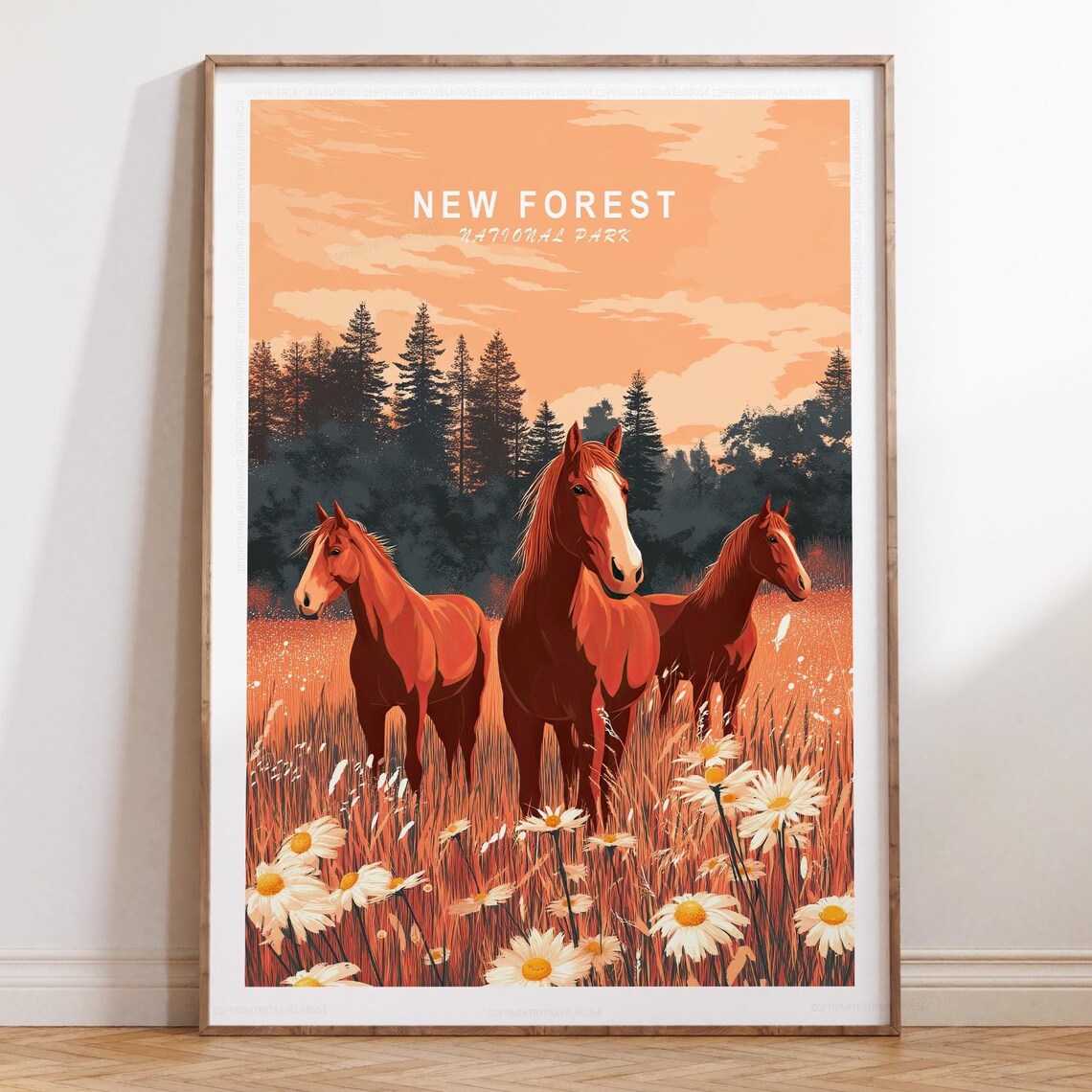 New Forest National Park Horses Golden Meadow Daisy Field Travel Poster