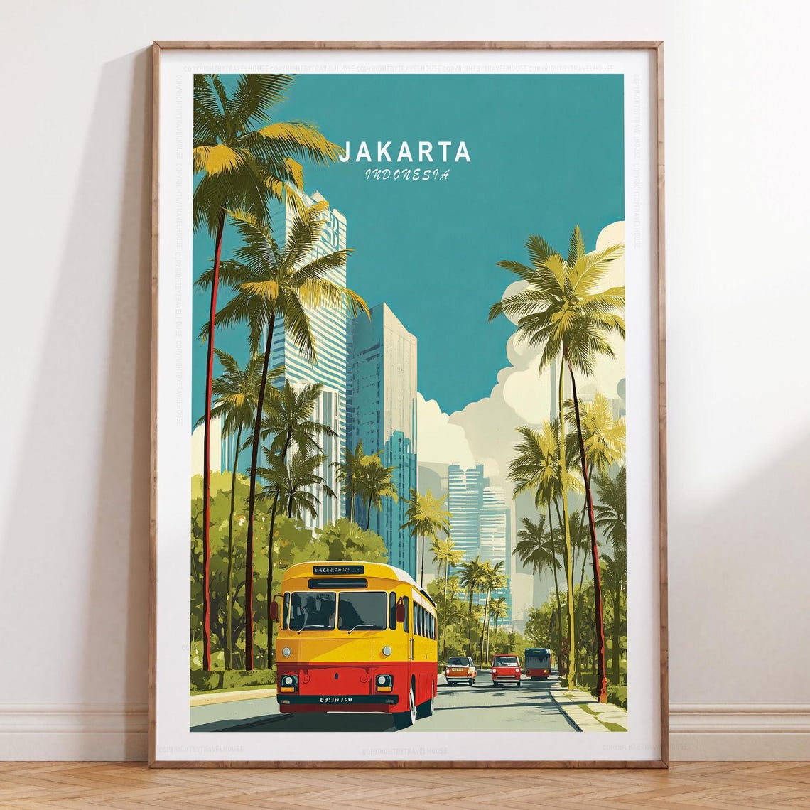 Jakarta Indonesia City Skyline Poster with Vintage Bus Palm Trees