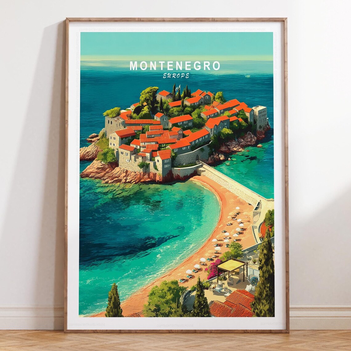 Montenegro Europe Sveti Stefan Island Beach Retro Travel Poster