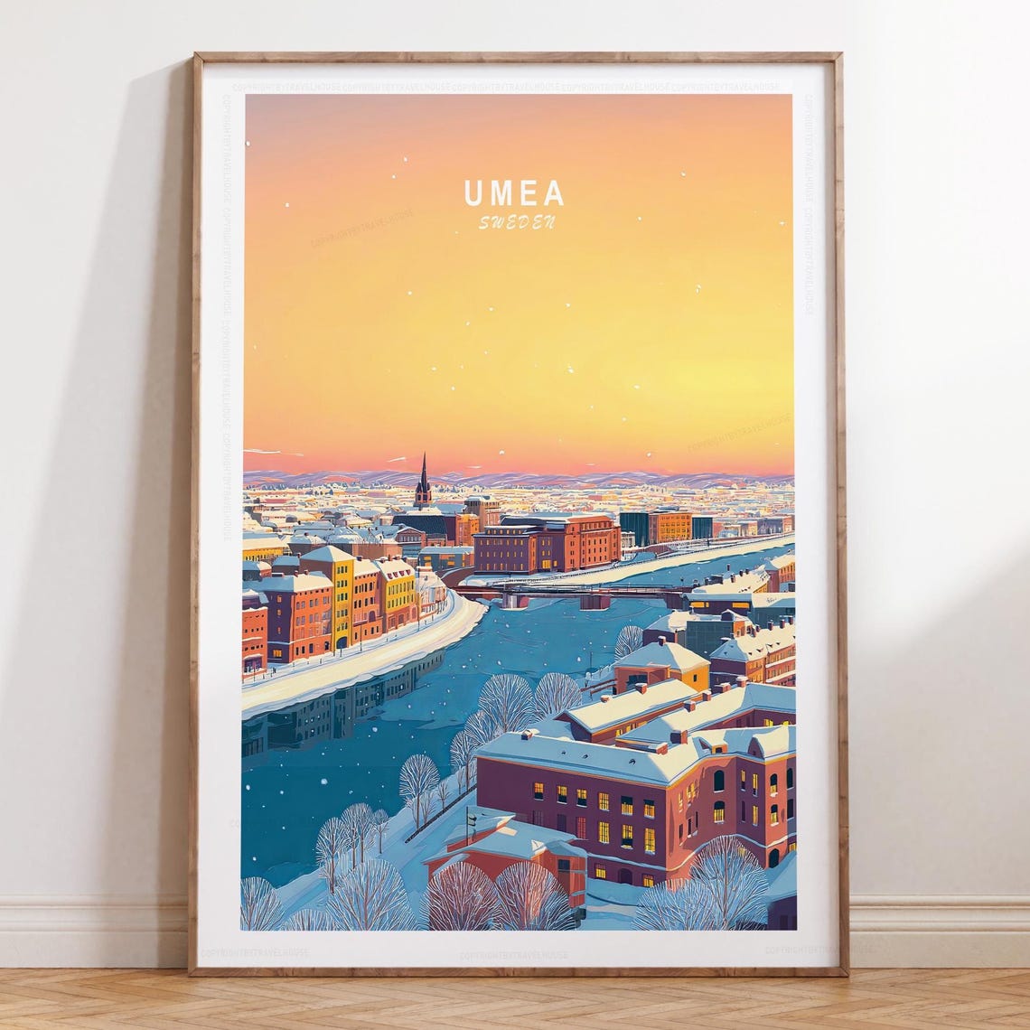 Umea Sweden Winter Sunset Cityscape Snow Covered Streets Art Poster