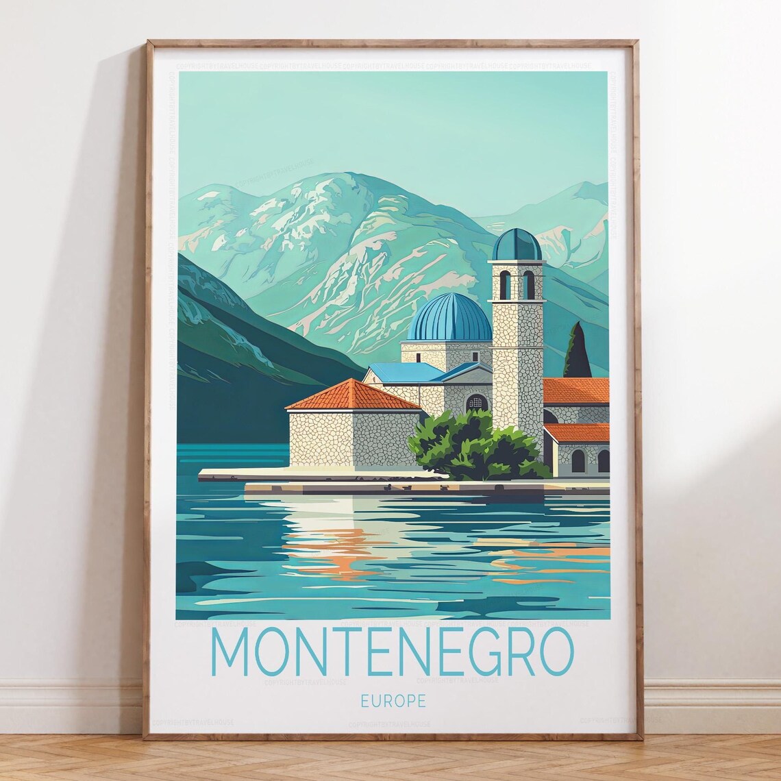 Montenegro Europe Bay Church Mountains Teal Vintage Travel Poster