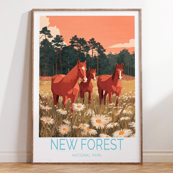 New Forest National Park Horses Daisy Meadow Golden Hour Travel Poster