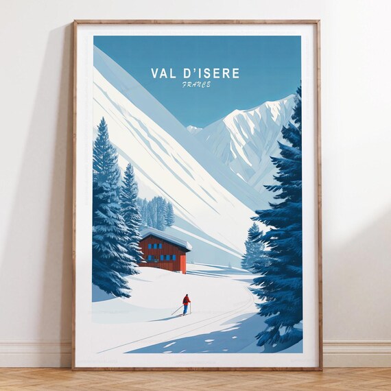 Val d'Isere France Red Chalet Snowy Slopes Vintage Ski Poster