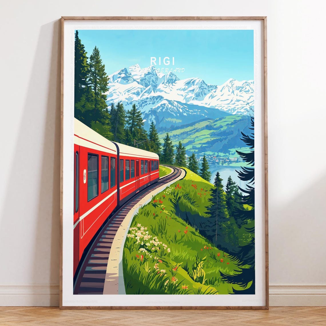 Rigi Switzerland Red Train Curving Through Alpine Flower Meadow Poster
