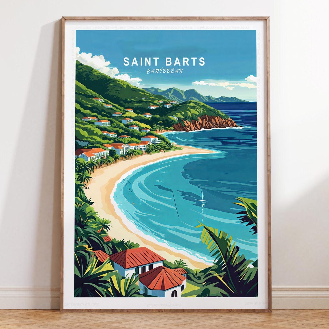 Saint Barts Caribbean Cove Beach Turquoise Water Palms Travel Poster