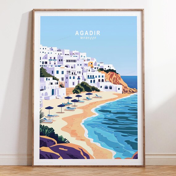 Agadir Morocco Whitewashed Hill Town Overlook Beach Travel Poster