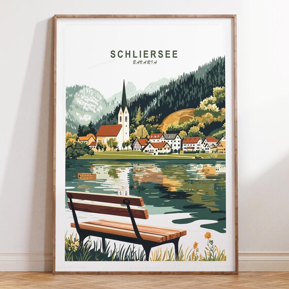 Schliersee Bavaria Top Title Lakeside Bench Meadow Village Travel Poster