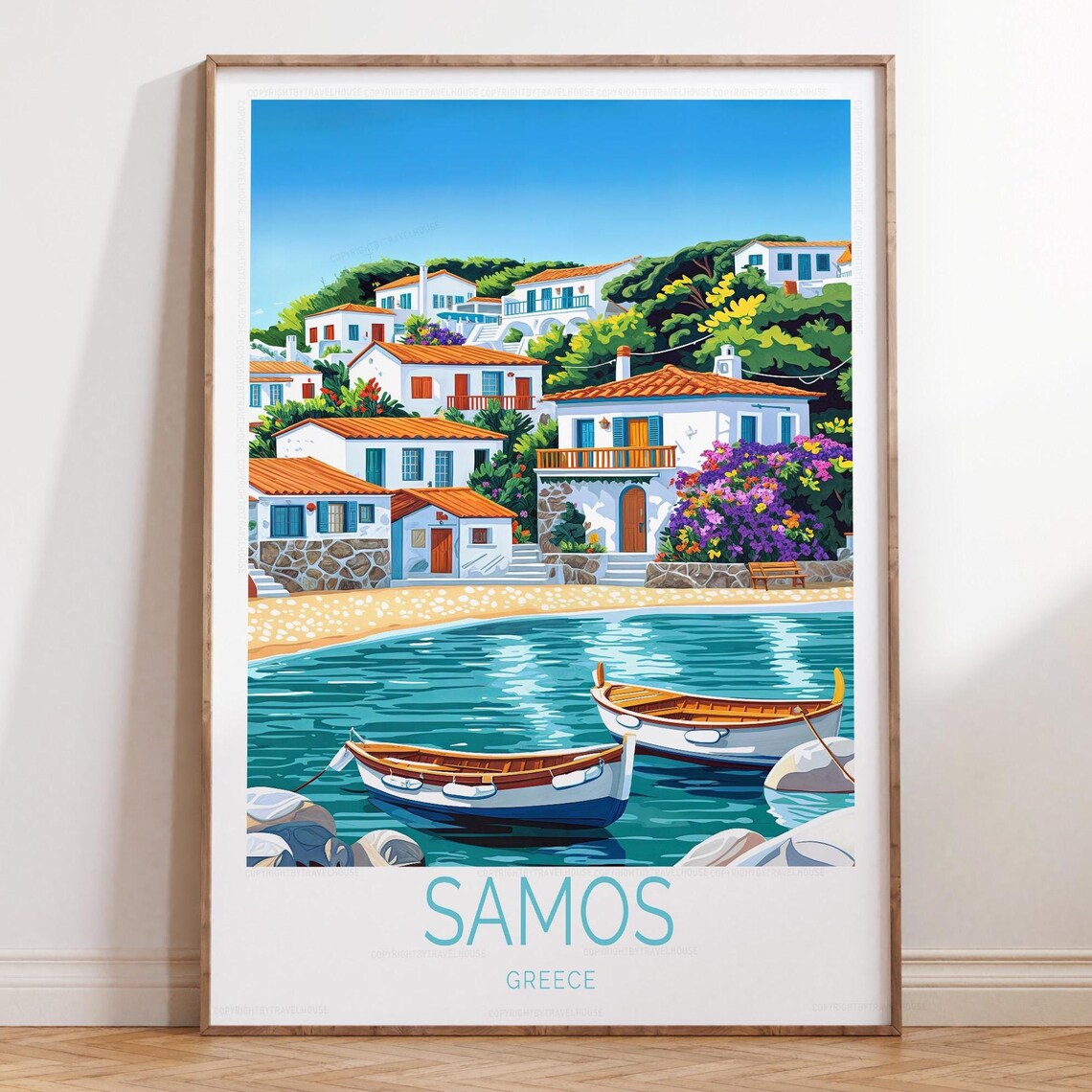 Samos Greece Fishing Boats Colorful Harbor Village Travel Poster