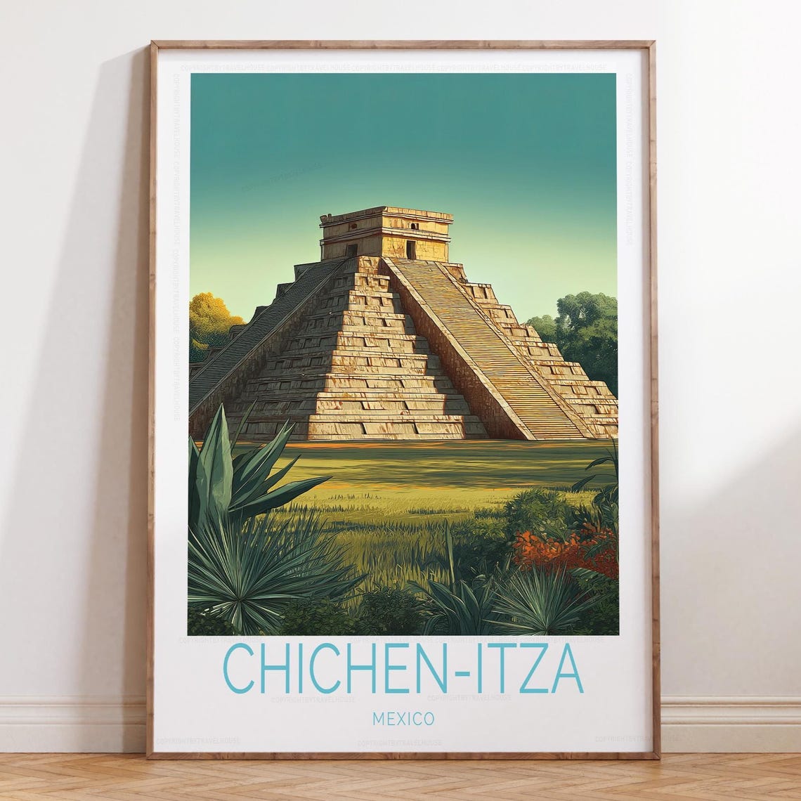 Chichen Itza Mexico El Castillo Pyramid Front View Travel Poster