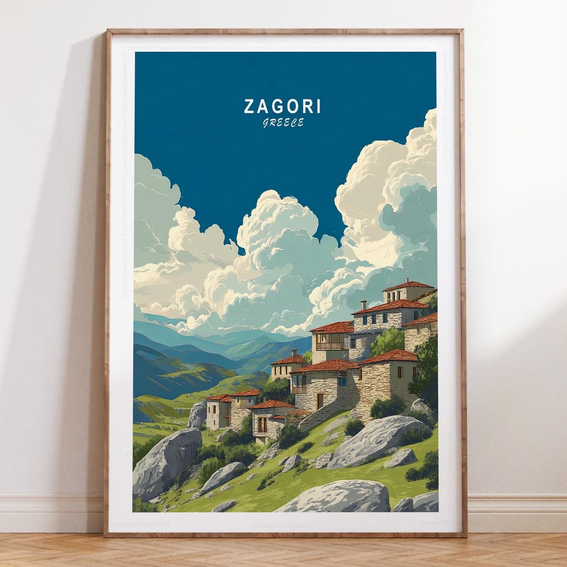 Zagori Greece Cloudy Sky Stone Village Travel Poster Minimalist Art