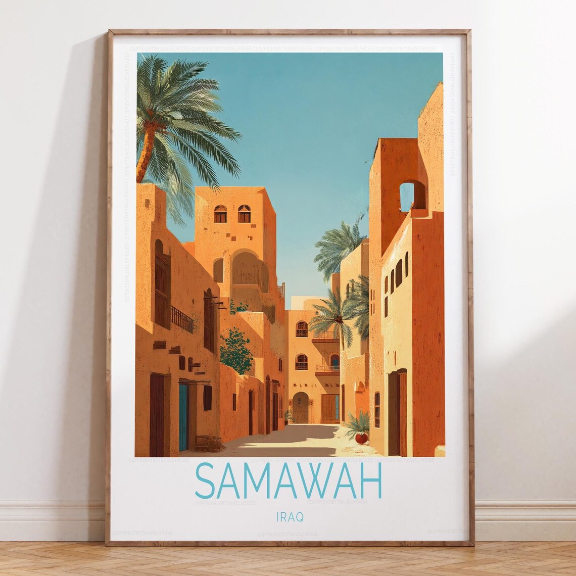 Samawah Iraq Old Town Street Palm Trees Vintage Travel Poster