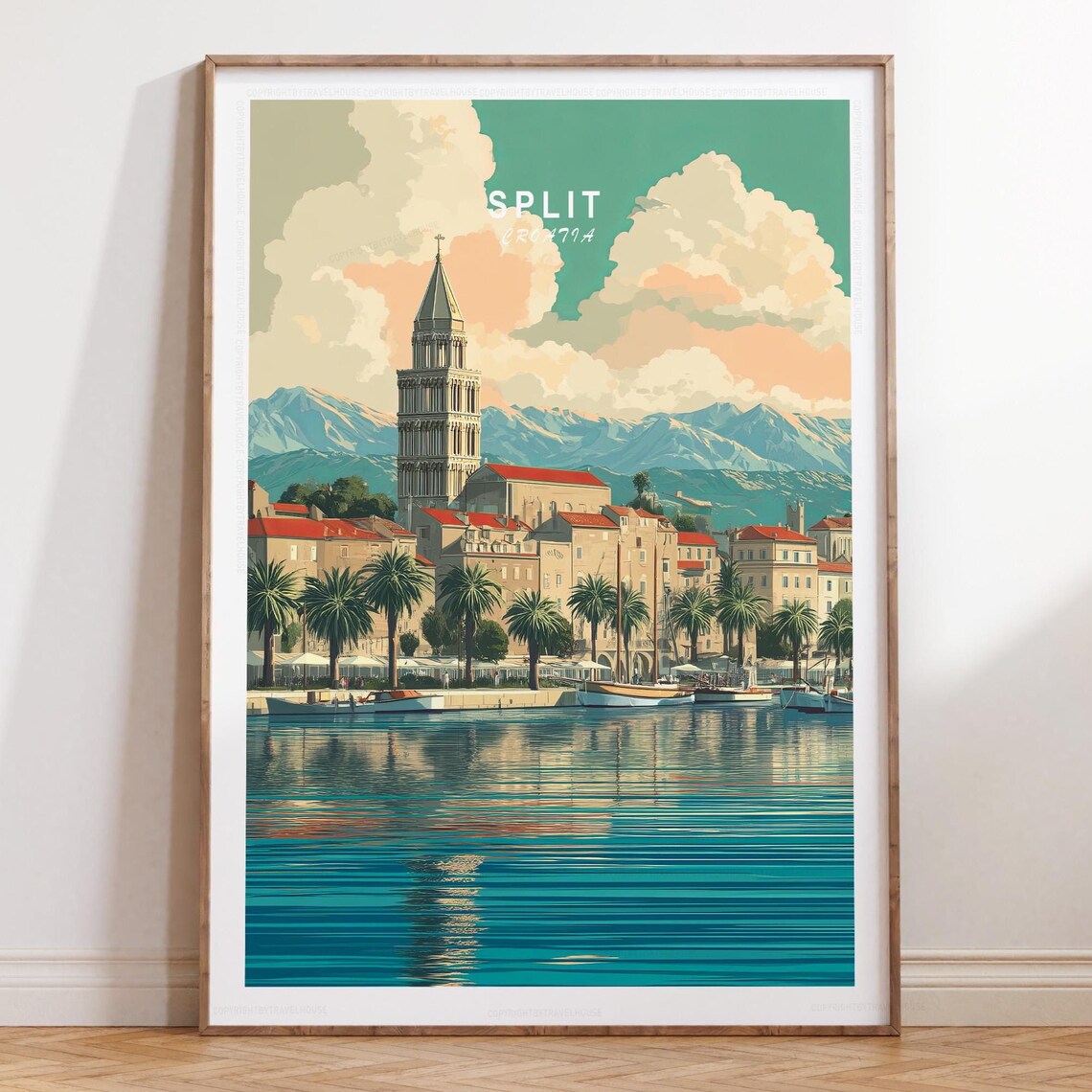 Split Croatia Old Town Harbor Palm Trees Mountains Daytime Travel Poster