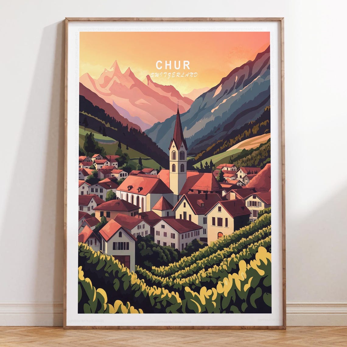 Chur Switzerland Travel Poster Sunset Alpine Town Church Mountain Art