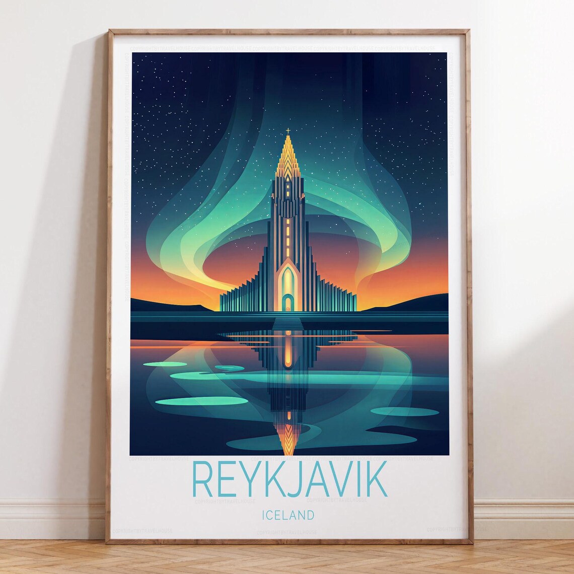 Reykjavik Iceland Aurora Night Sky Hallgrimskirkja Reflection Poster