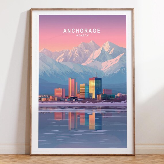 Anchorage Alaska Sunset Skyline Mountain Reflection Travel Poster