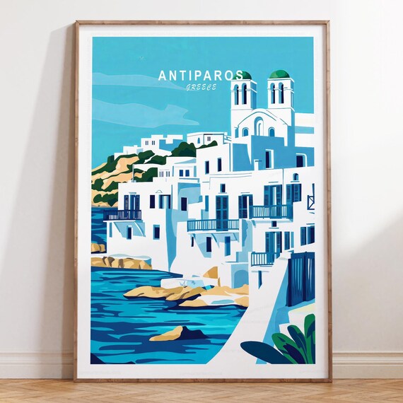 Antiparos Greece Hillside White Village with Church Vintage Travel Poster