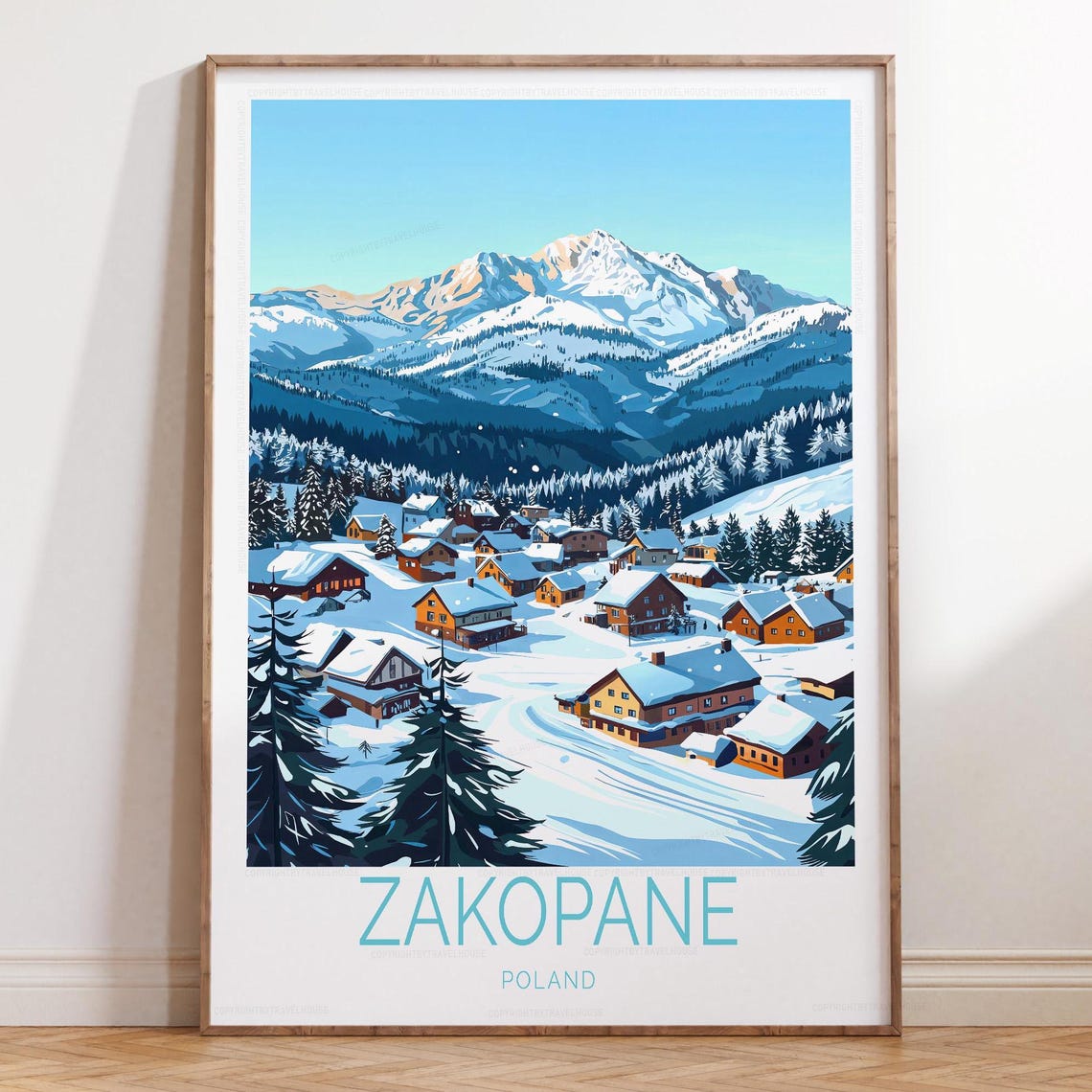 Zakopane Poland Winter Ski Resort Travel Poster with Mountain View