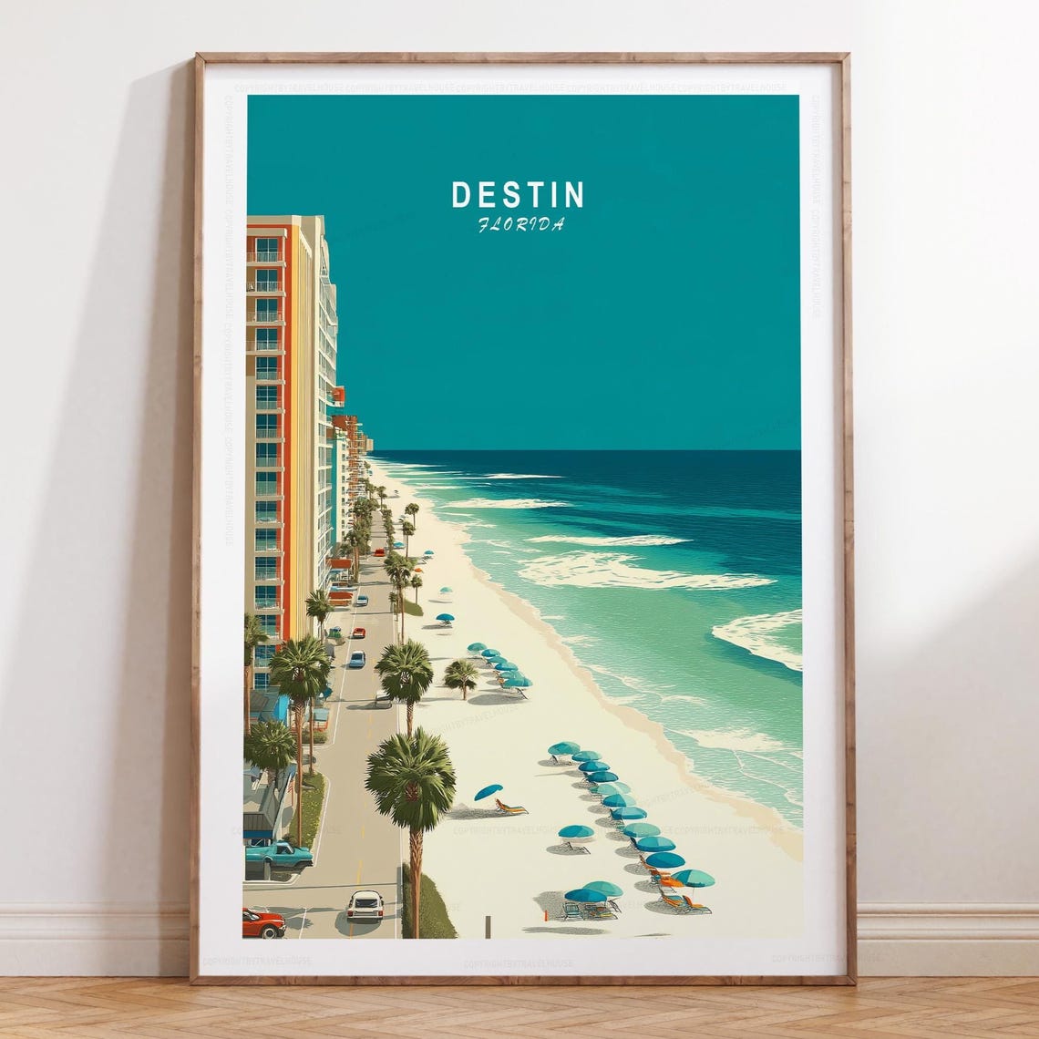 Destin Florida Beach Umbrellas over Teal Waves Retro Travel Poster