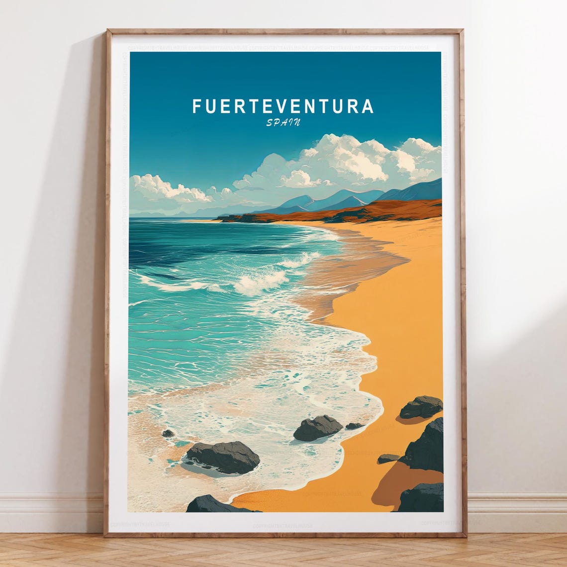 Fuerteventura Spain Orange Sand Beach Rolling Waves Travel Poster