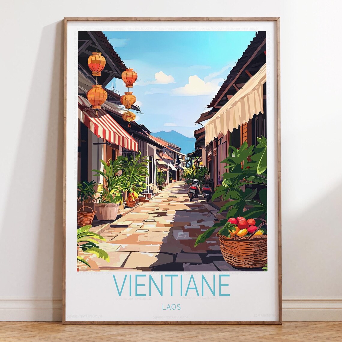 Vientiane Laos Lantern Alley With Fruit Market Travel Poster