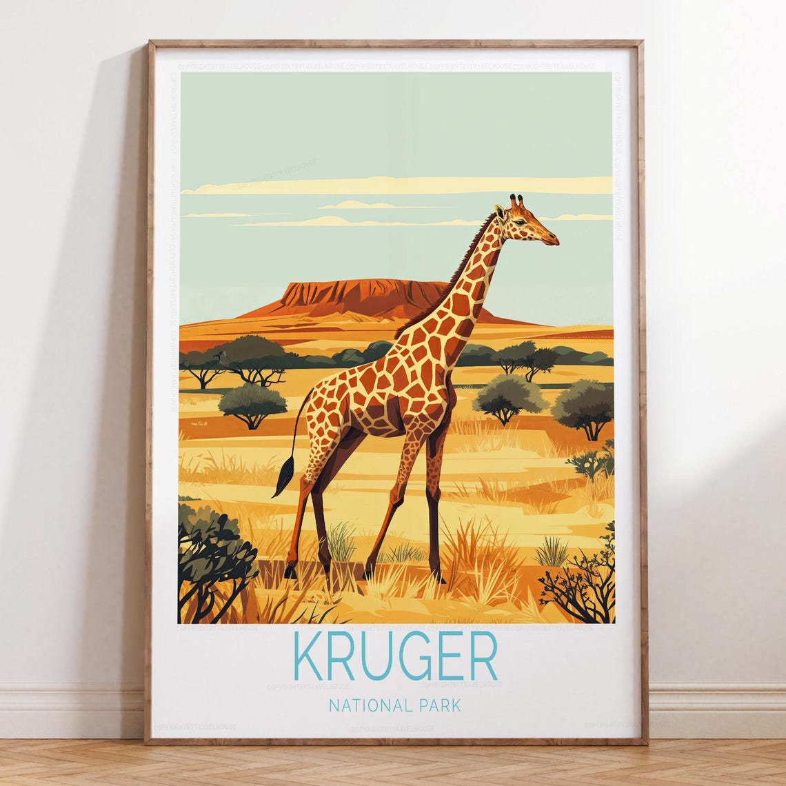 Kruger National Park Giraffe Walking The Golden Savanna Travel Poster