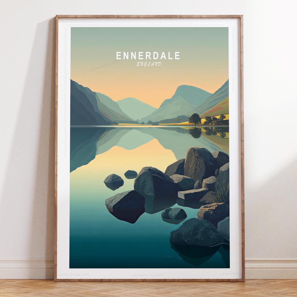 Ennerdale England Lake Sunset with Rocky Shore Travel Poster