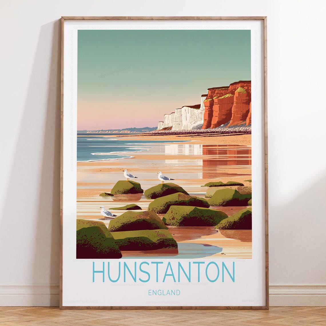 Hunstanton England Beach Red Cliffs Seagulls Sunset Travel Poster