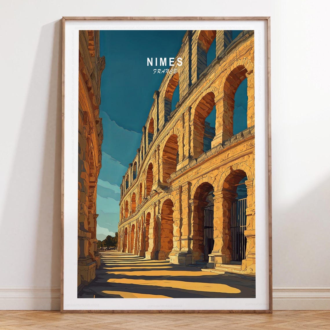 Nimes France Roman Arena Long Shadows Golden Sunset Travel Poster