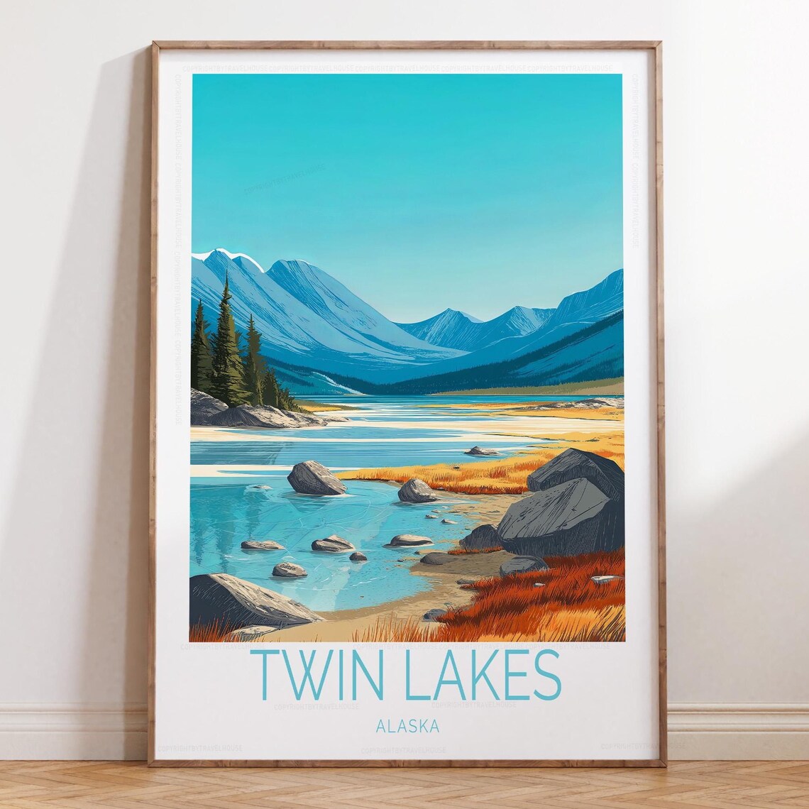 Twin Lakes Alaska Turquoise Water Mountain Shores Travel Poster