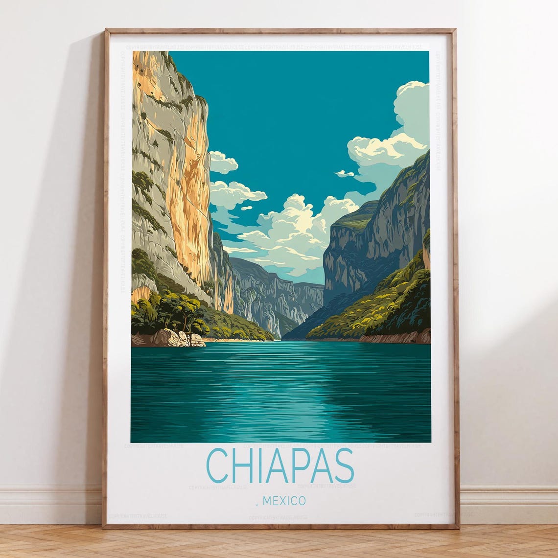 Chiapas Mexico Golden Canyon Cliffs Teal River Travel Poster