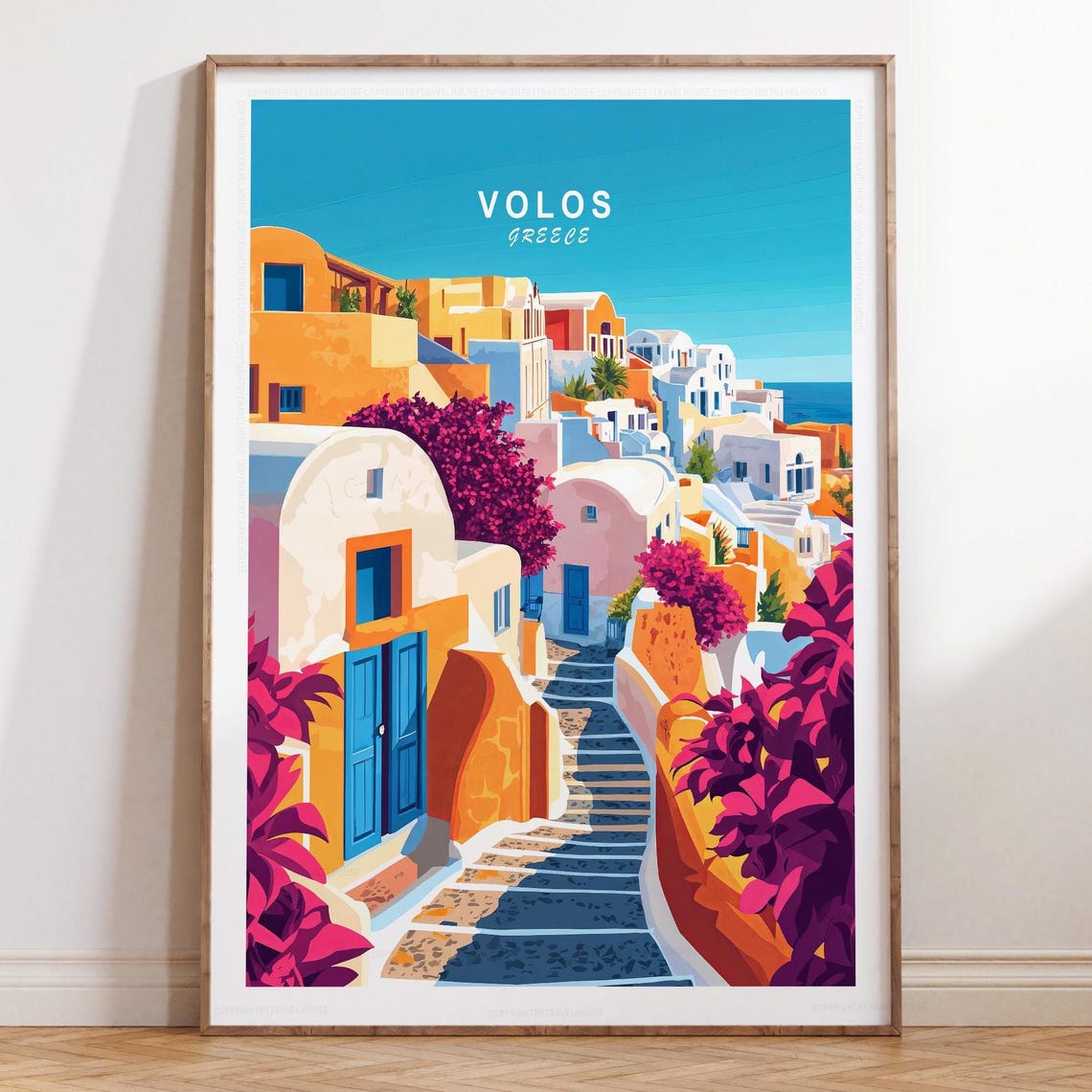 Volos Greece Blue Door Village Steps Top Title Mediterranean Poster