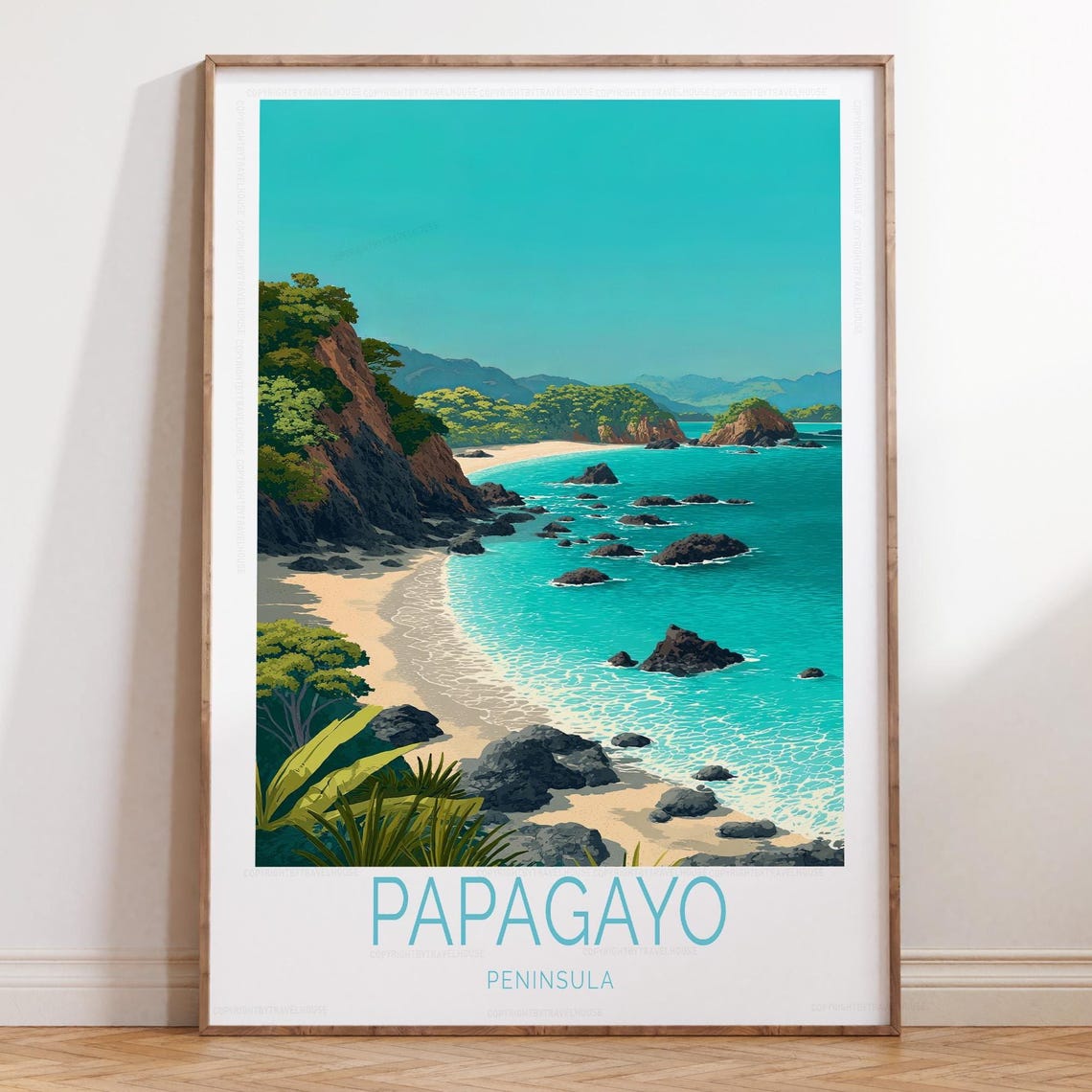 Papagayo Peninsula Tropical Beach Travel Poster Rocky Cliffs Cove