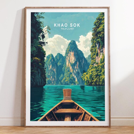 Khao Sok Thailand Longtail Boat Limestone Cliffs Travel Poster