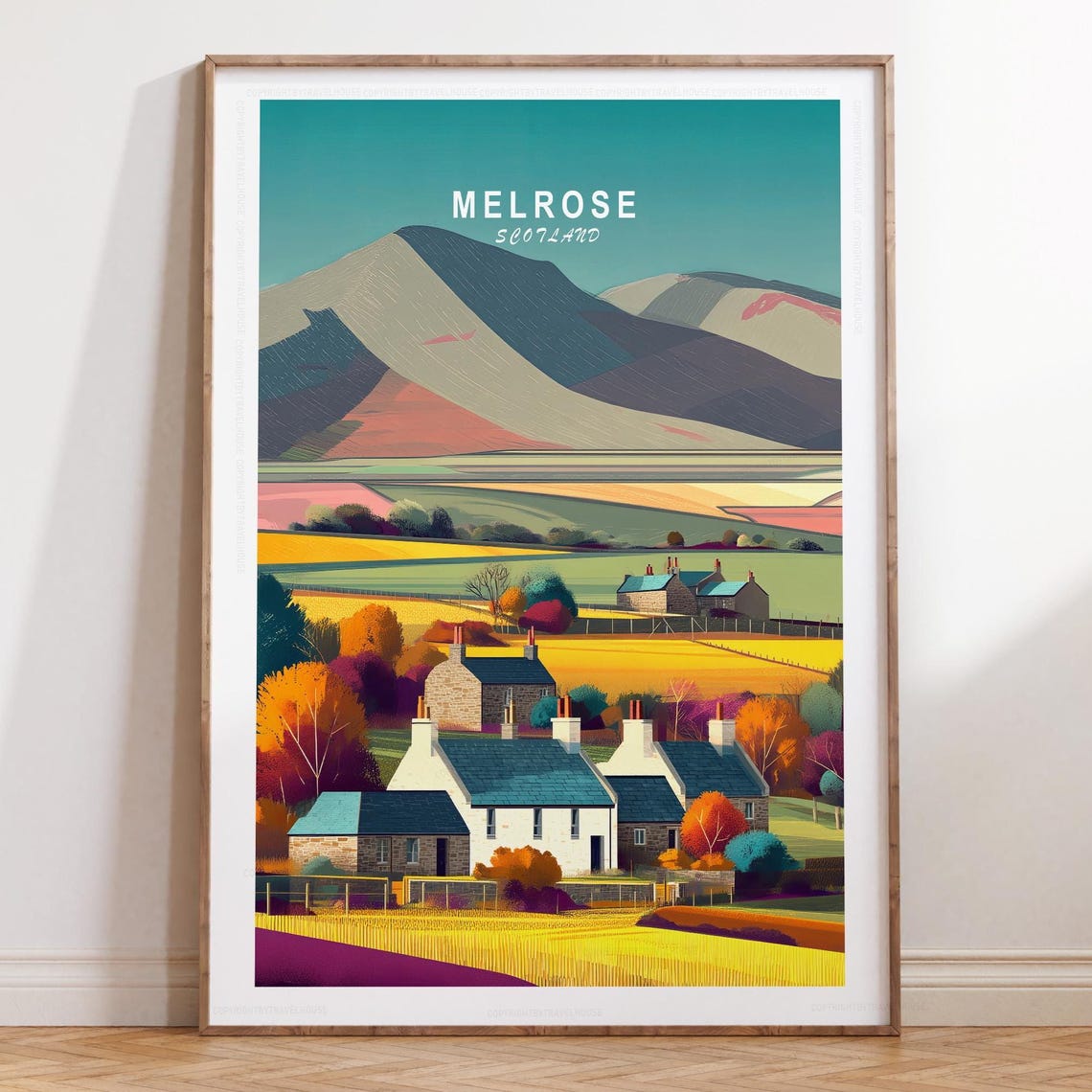 Melrose Scotland Autumn Cottages Village Title At Top Travel Poster