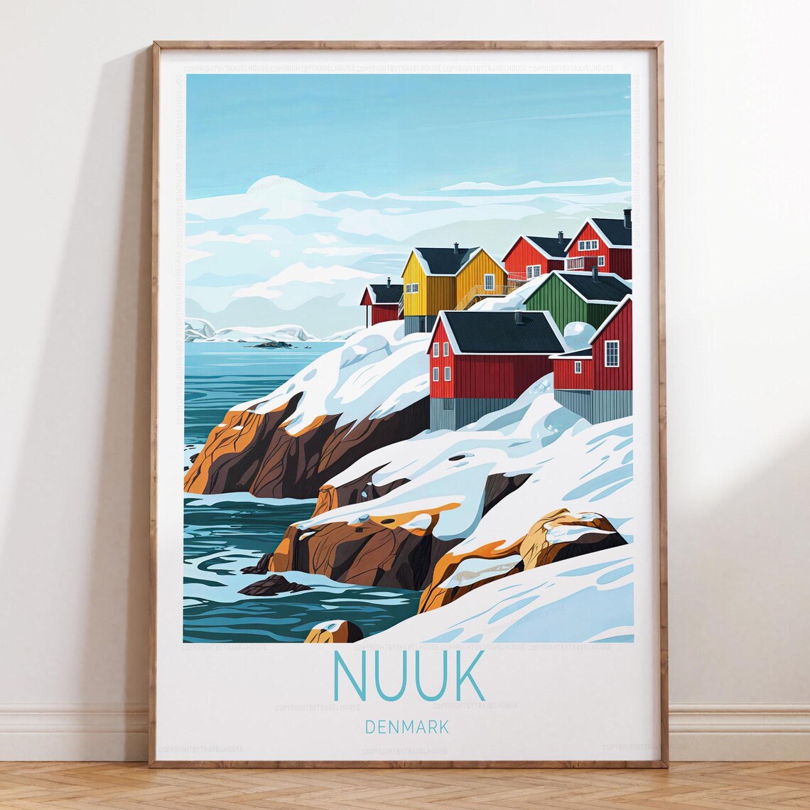 Nuuk Denmark Snowy Fjord Harbor With Colorful Hillside Houses Poster