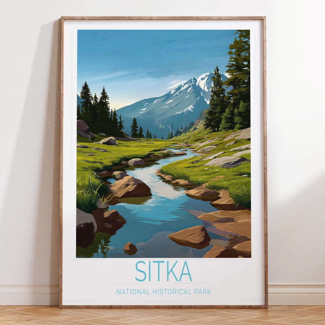 Sitka National Historical Park Rocky Stream Snowy Mountain Poster